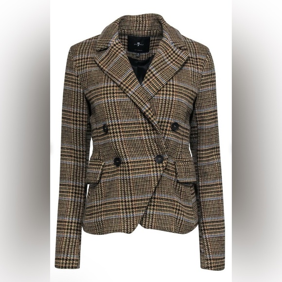 NWT 7 For All Mankind Wool Blend Plaid Twill Blazer in Tan Multi Size S - Picture 1 of 12